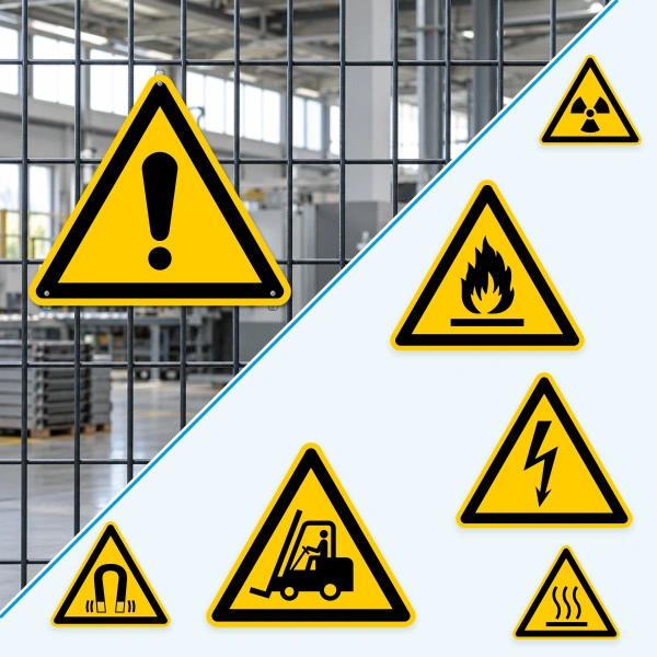 Warnschilder am Industriezaun und Beispiele gelber Warnzeichen