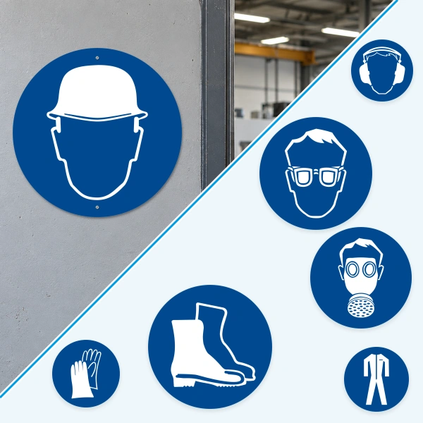 Schutzhelm-Gebotszeichen am Werkstatteingang und Beispiele blauer Gebotsschilder