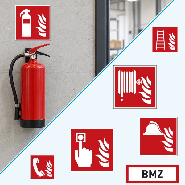 Feuerlöscher an einer Werkstattwand und Beispiele roter Brandschutzzeichen