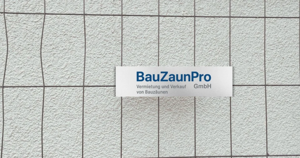 Beschriftung an einem Baustellenzaun mit Firmenlogo und Hinweisen