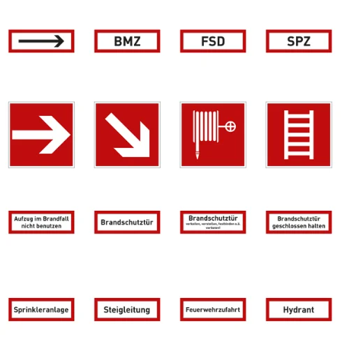 Übersicht von Brandschutzschildern und Brandschutzzeichen